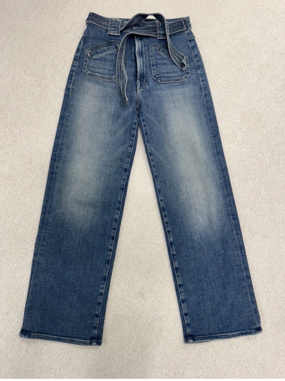 Mother Jeans 26 High-Rise Straight Leg Washed Blue Jeans with Tie Belt